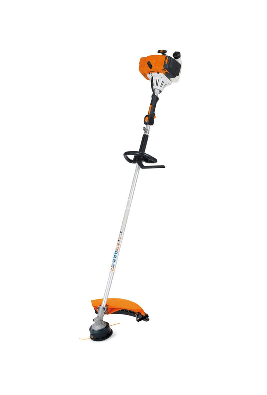 FS 85R petrol brushcutter with orange engine housing and silver shaft for efficient trimming