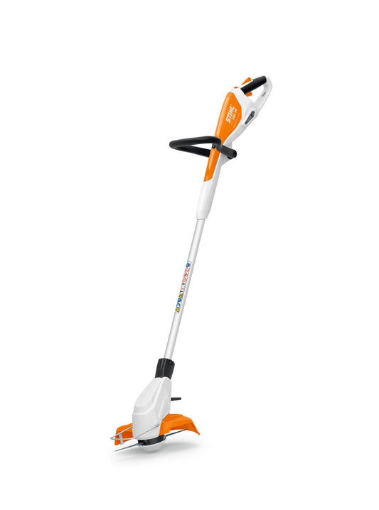 STIHL FSA45 trimmer for sale showing lightweight cordless grass trimmer with orange and white body