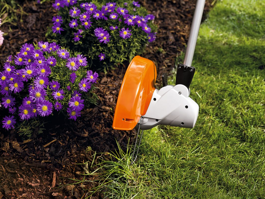 Close-up of STIHL FSE52 electric trimmer cutting grass near purple flowers in garden