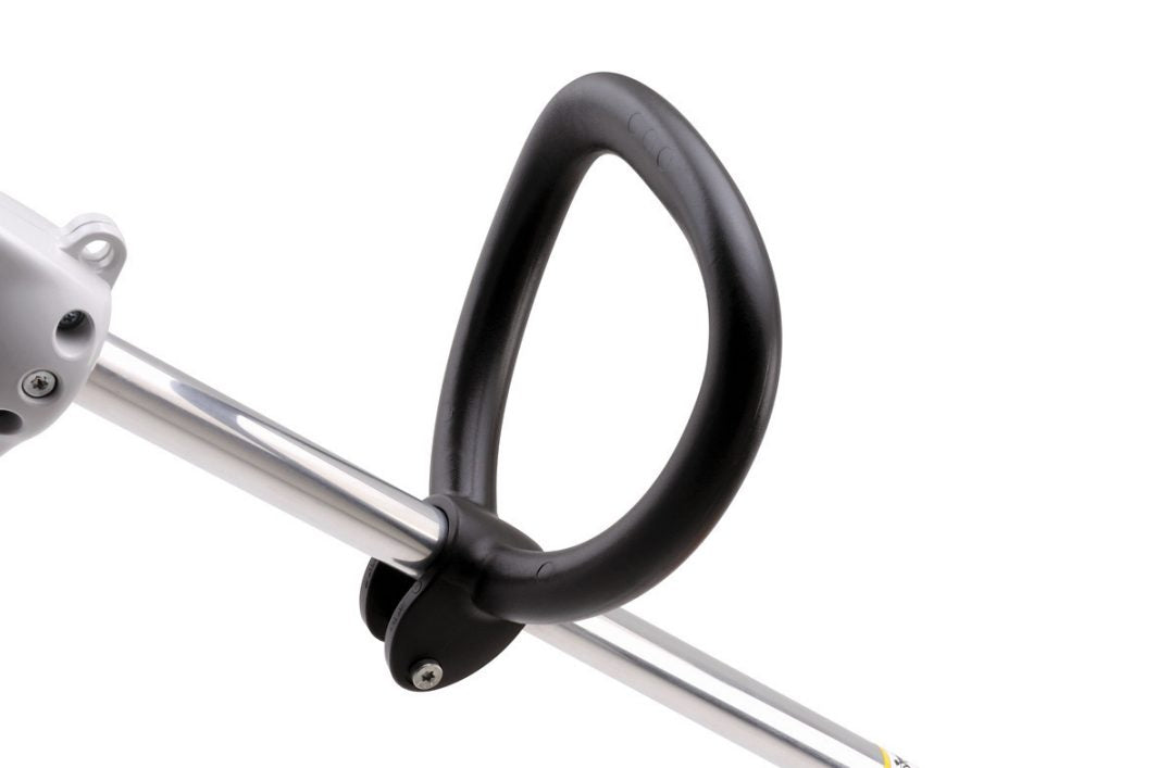 Close-up of black handle and metal shaft of STIHL FSE81 electric trimmer for easy grip and control