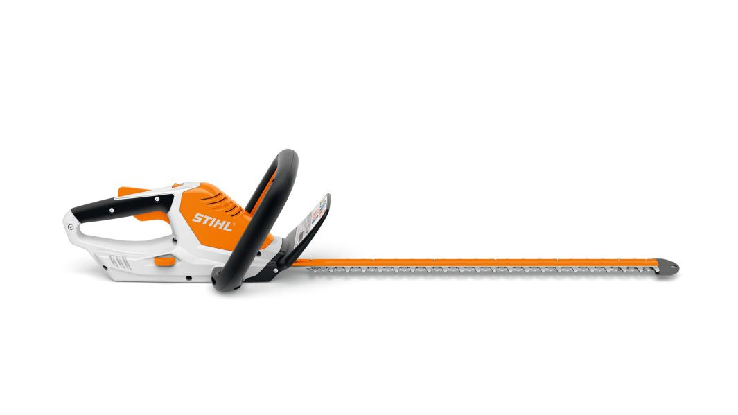 STIHL HSA45 hedge trimmer with ergonomic handle and long cutting blade for precise trimming