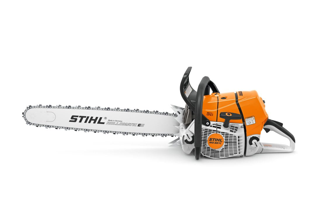 STIHL MS661C-M chainsaw for sale with long cutting bar and ergonomic handle in orange and white