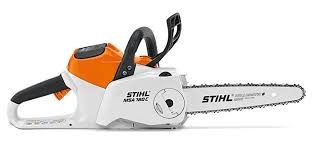 STIHL MSA160 C-B chainsaw with white and orange body and sharp cutting chain for efficient wood cutting