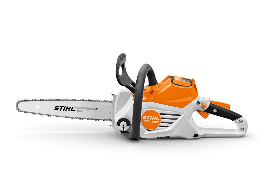 STIHL MSA200 chainsaw for sale with orange and white body and sharp cutting blade
