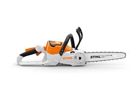 STIHL MSA70-C chainsaw with ergonomic handle and sharp cutting chain in white and orange