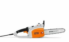 STIHL MSE170 electric chainsaw with orange and white body and sharp cutting chain