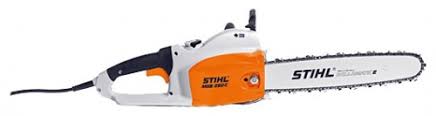 STIHL MSE250 electric chainsaw with white and orange body and long cutting bar for efficient wood cutting