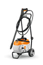 STIHL RE125 high pressure cleaner with orange and white body, wheels, and attached hose and spray gun