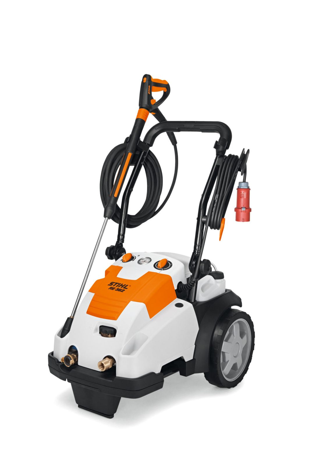 STIHL RE362 pressure washer with orange and white body, large wheels, and hose attachments