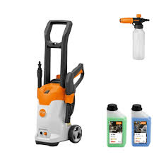 STIHL RE80 high pressure cleaner with compact design, wheels, and detergent bottles for versatile cleaning