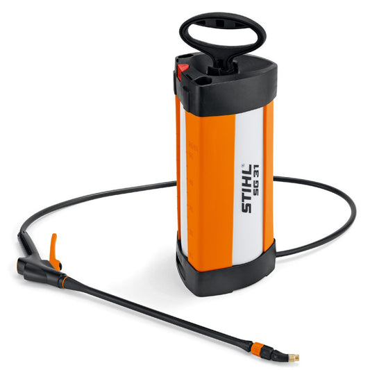 STIHL SG 31 garden sprayer with orange and white tank and black hose and nozzle