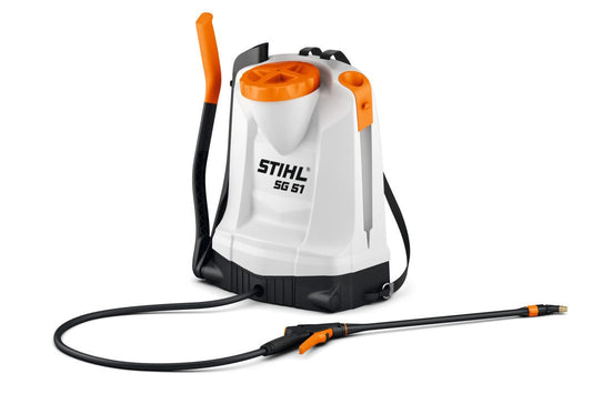 STIHL SG 51 manual sprayer backpack with orange and white design and long black hose