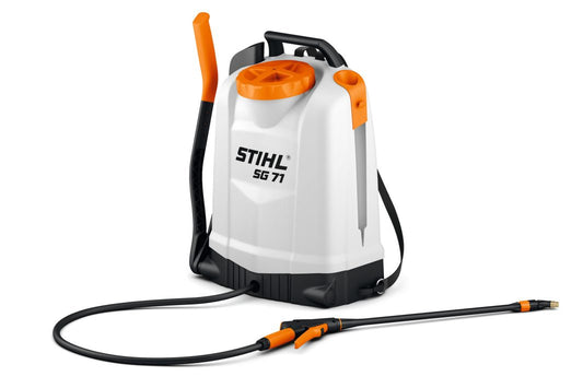 STIHL SG71 backpack sprayer white and orange with hose and spray wand for garden use
