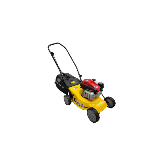 Yellow and red TANDEM PRIMA TORX 100CC lawnmower with black handle and grass catcher