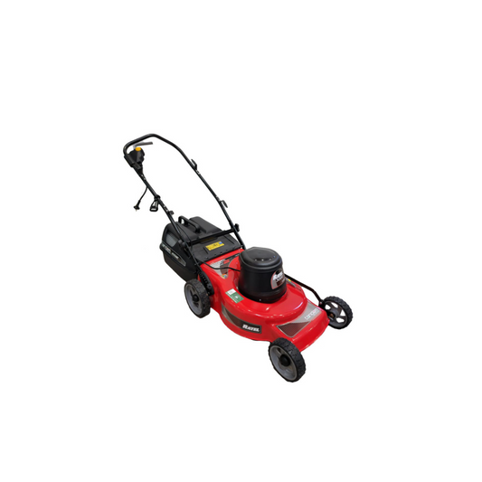 Tandem Ratel 3000W electric lawnmower in red with black handle and four wheels for efficient grass cutting