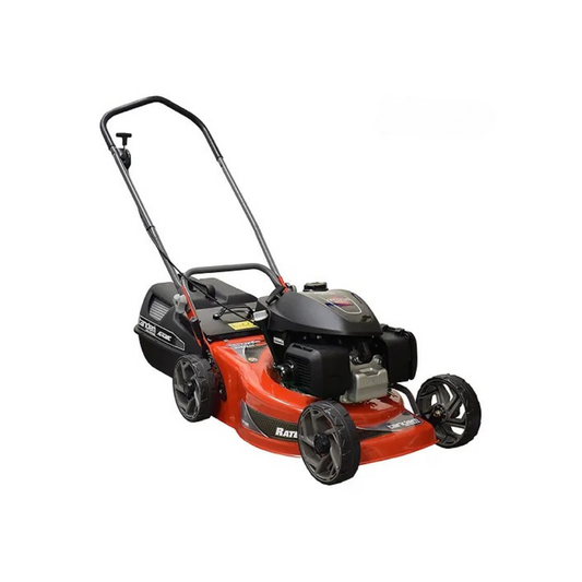 Tandem Ratel Honda GCV200 lawnmower with red base and black engine on white background