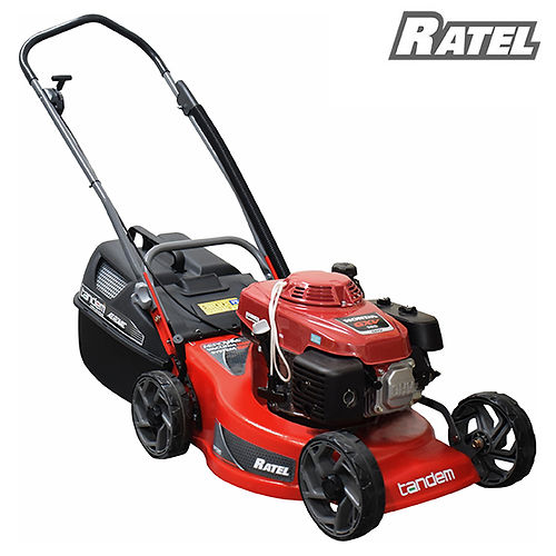 Tandem Ratel Honda GXV160 heavy duty lawnmower in red and black showing engine and wheels for Tandem Ratel Honda GXV160 price