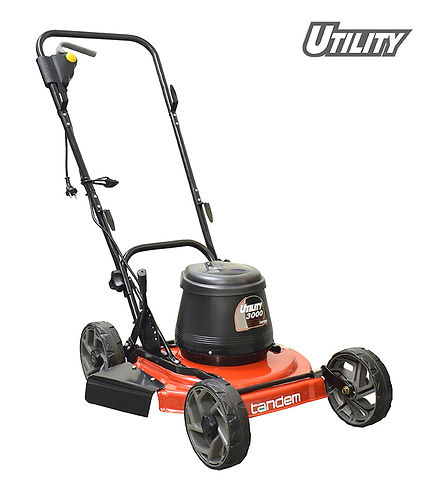 TANDEM UTILITY 3000W electric lawnmower with black handle and orange base for efficient lawn care