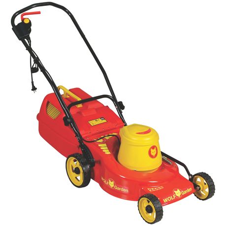 Red and yellow Wolf 2600W lawnmower for sale with electric start and grass collection box